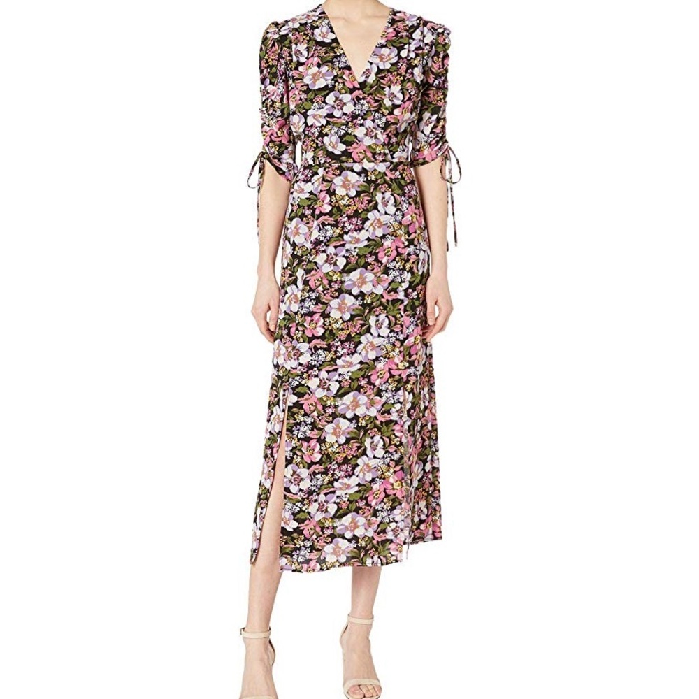Wrap front, 3/4 ruched sleeve floral dress